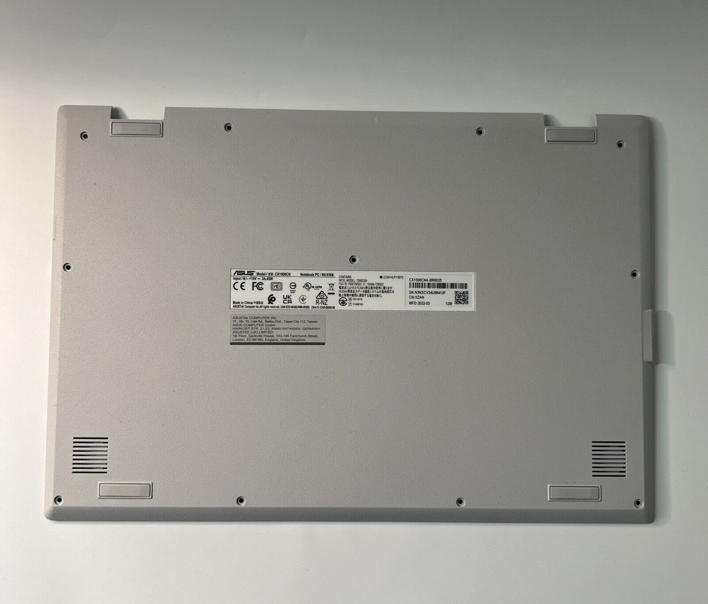 Asus Chromebook CX1500CN Genuine Bottom Base Cover. P/N: 13N1-CWA0L21 Light Grey