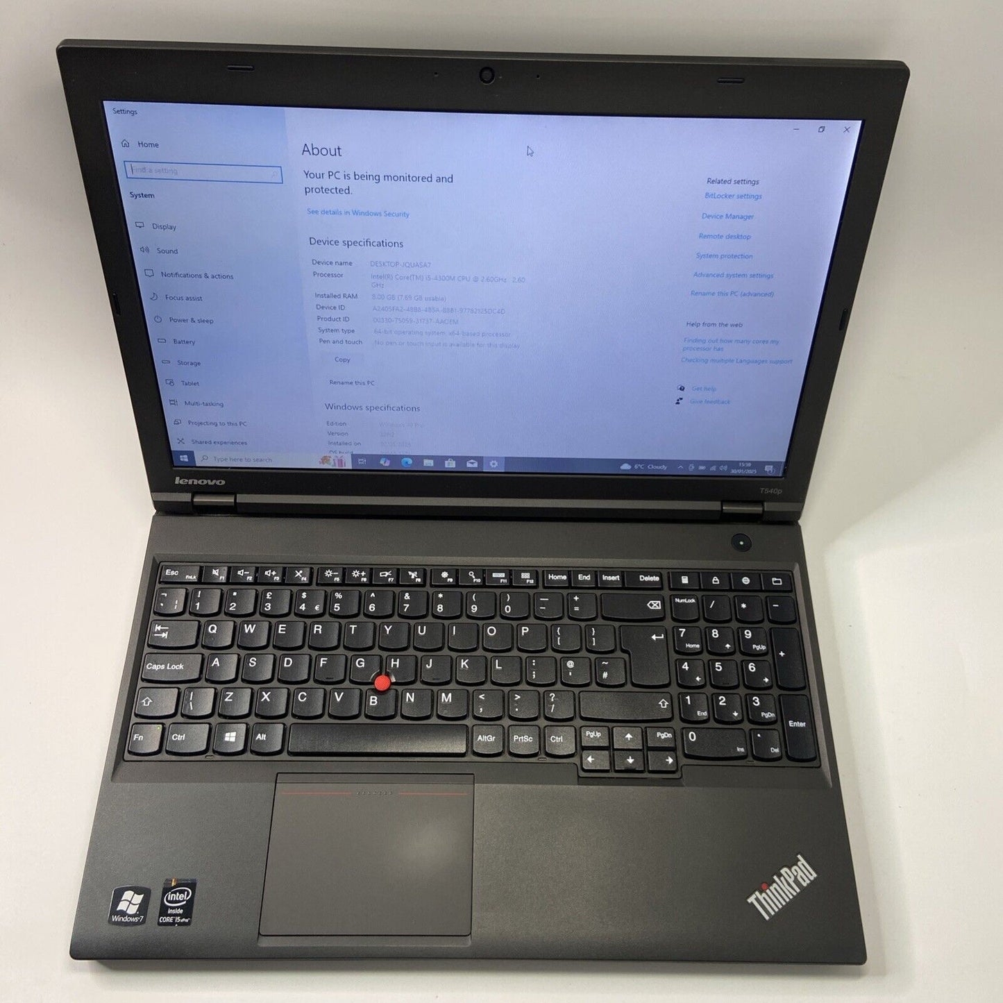 Lenovo ThinkPad T540p 15.6" Laptop Core i5-4300 2.6GHz 256Gb 8GB RAM Windows 10