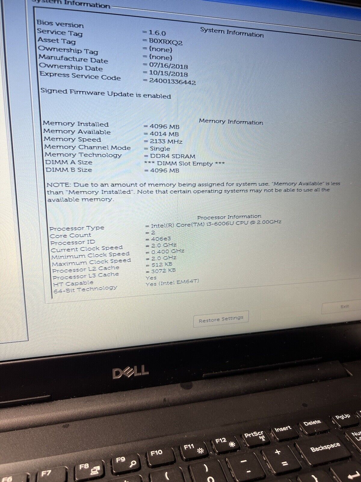 Dell Latitude 3590 Motherboard Intel(R) Core i3-6006U CPU 2.00GHz WORKING