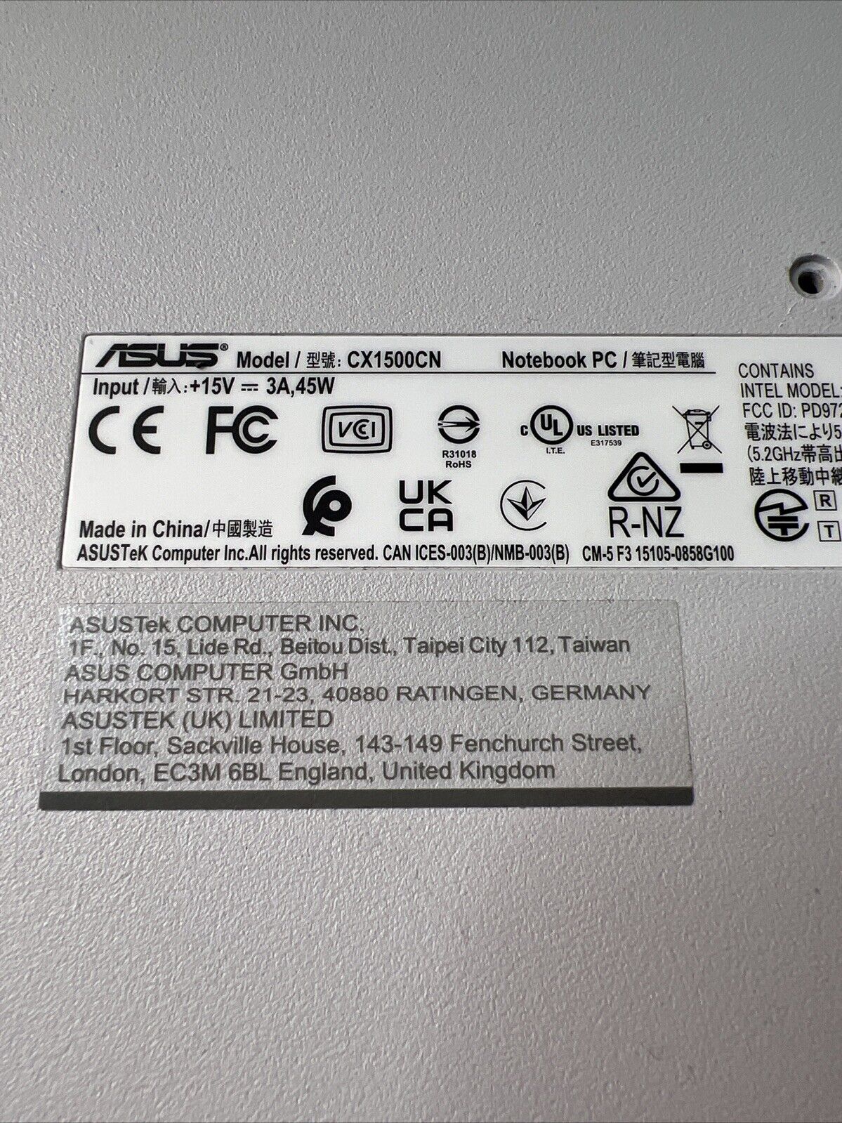 Asus Chromebook CX1500CN Genuine Bottom Base Cover. P/N: 13N1-CWA0L21 Light Grey
