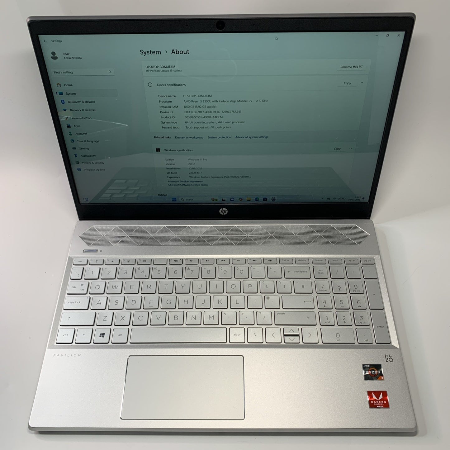 HP Pavilion 15-CW1004NA 15.6” AMD Ryzen 3 3300U 8GB 256 Touchscreen Grade A