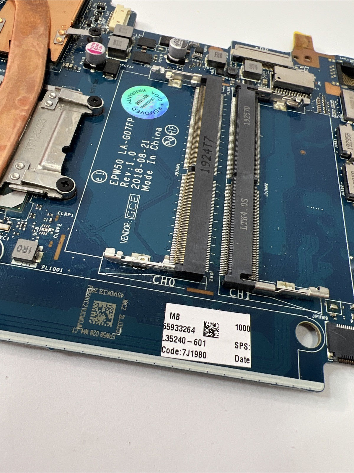 Genuine HP 15-da1013ne Motherboard i5 8th Gen L35240-601 (WORKS) + Heatsink