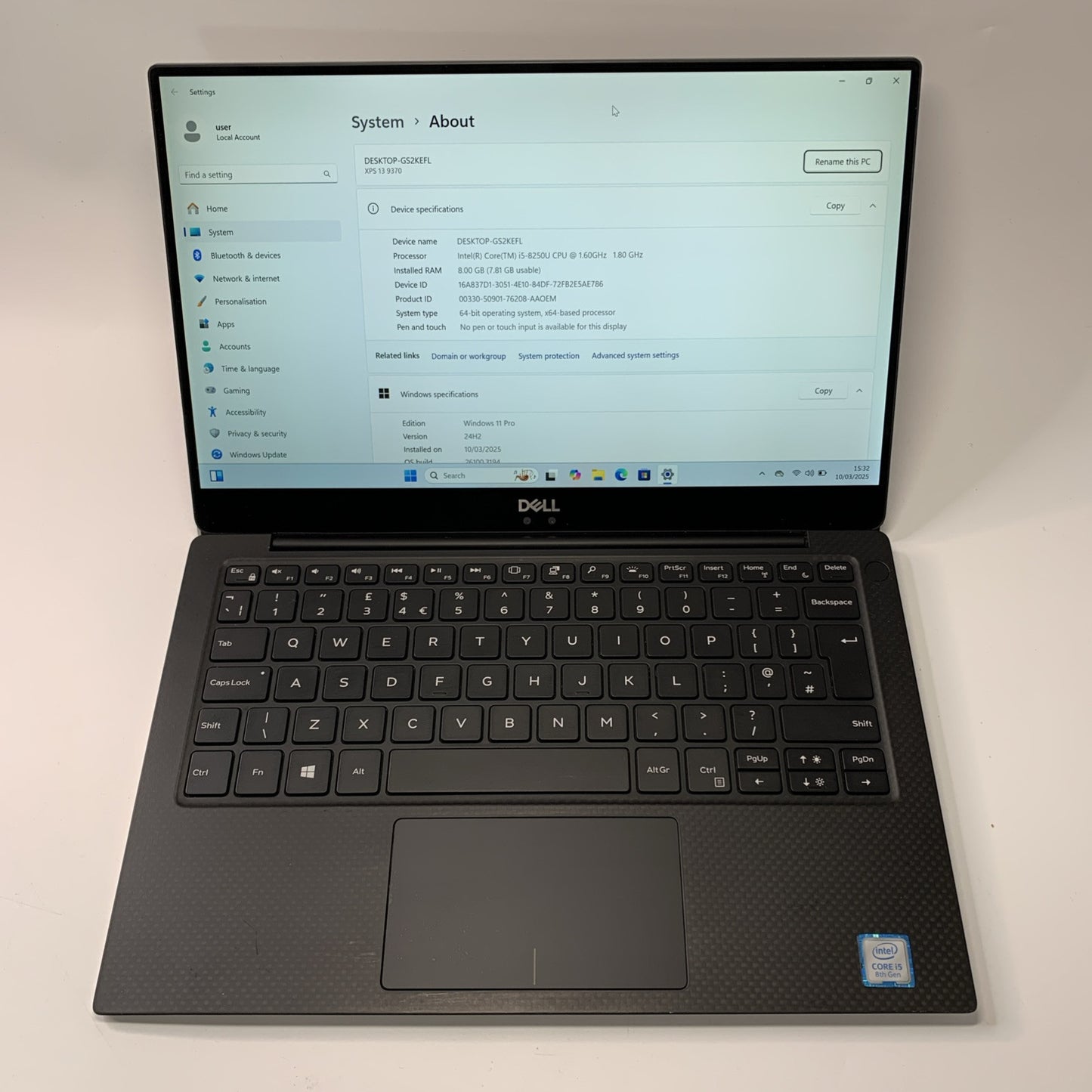 Dell XPS 13 9370 13.3" Laptop Intel Core i5-8250U 8GB RAM 256GB SSD Windows 11