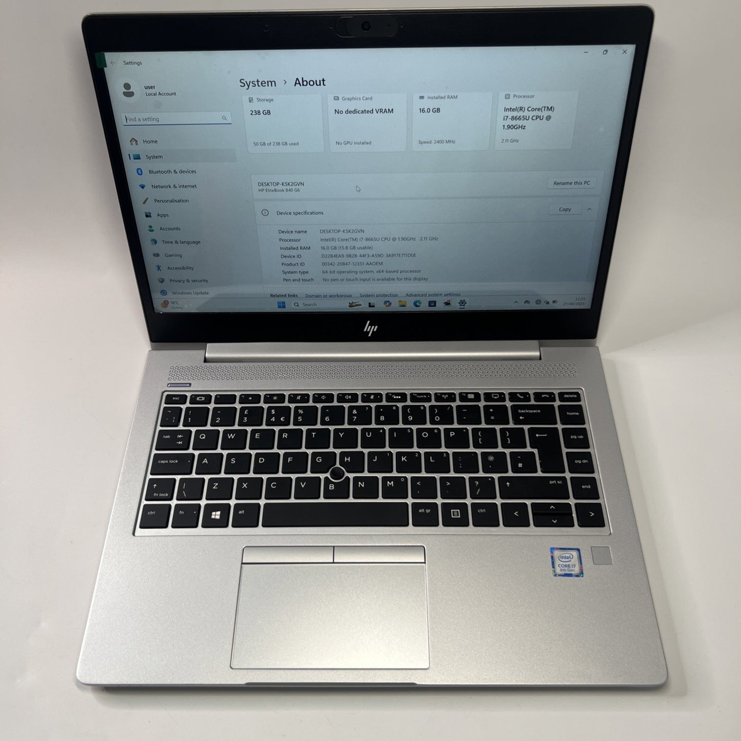 HP EliteBook 840 G6 14" FHD Laptop Intel i7 8665U 16GB RAM 256GB SSD Windows 11