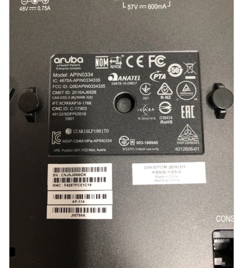 Aruba AP-334 802.11n/ac 4x4:4 MU-MIMO Dual Radio Antenna Connectors 2.5+1 GbE AP