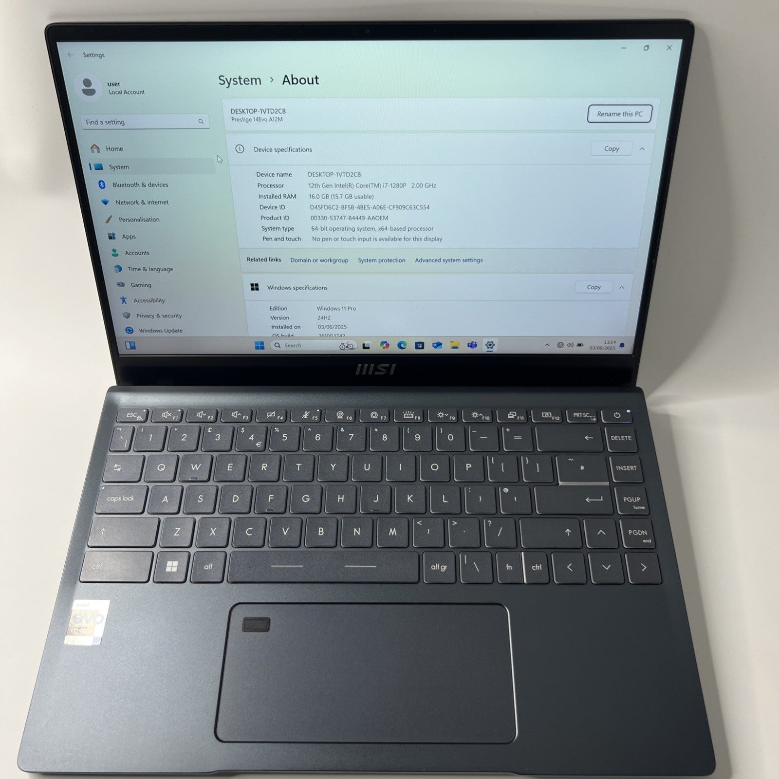 MSI Prestige 14EVO A12M Laptop Intel I7 1280P 16GB RAM 512GB SSD Windows 11