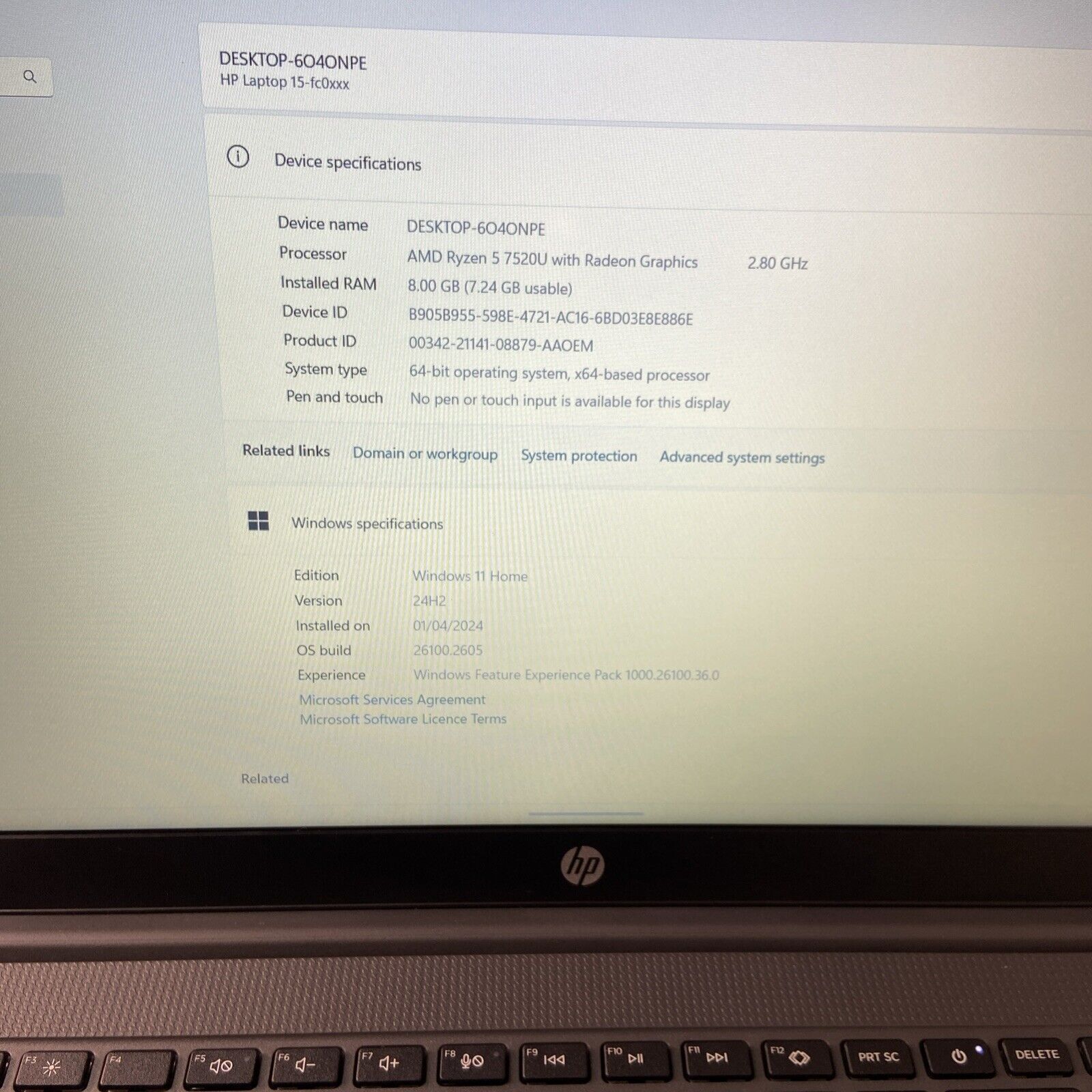 HP Laptop 15-fc0001sa AMD Ryzen 5-7520U Processor 8GB RAM 256GB SSD Windows 11