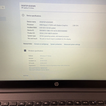HP Laptop 15-fc0001sa AMD Ryzen 5-7520U Processor 8GB RAM 256GB SSD Windows 11
