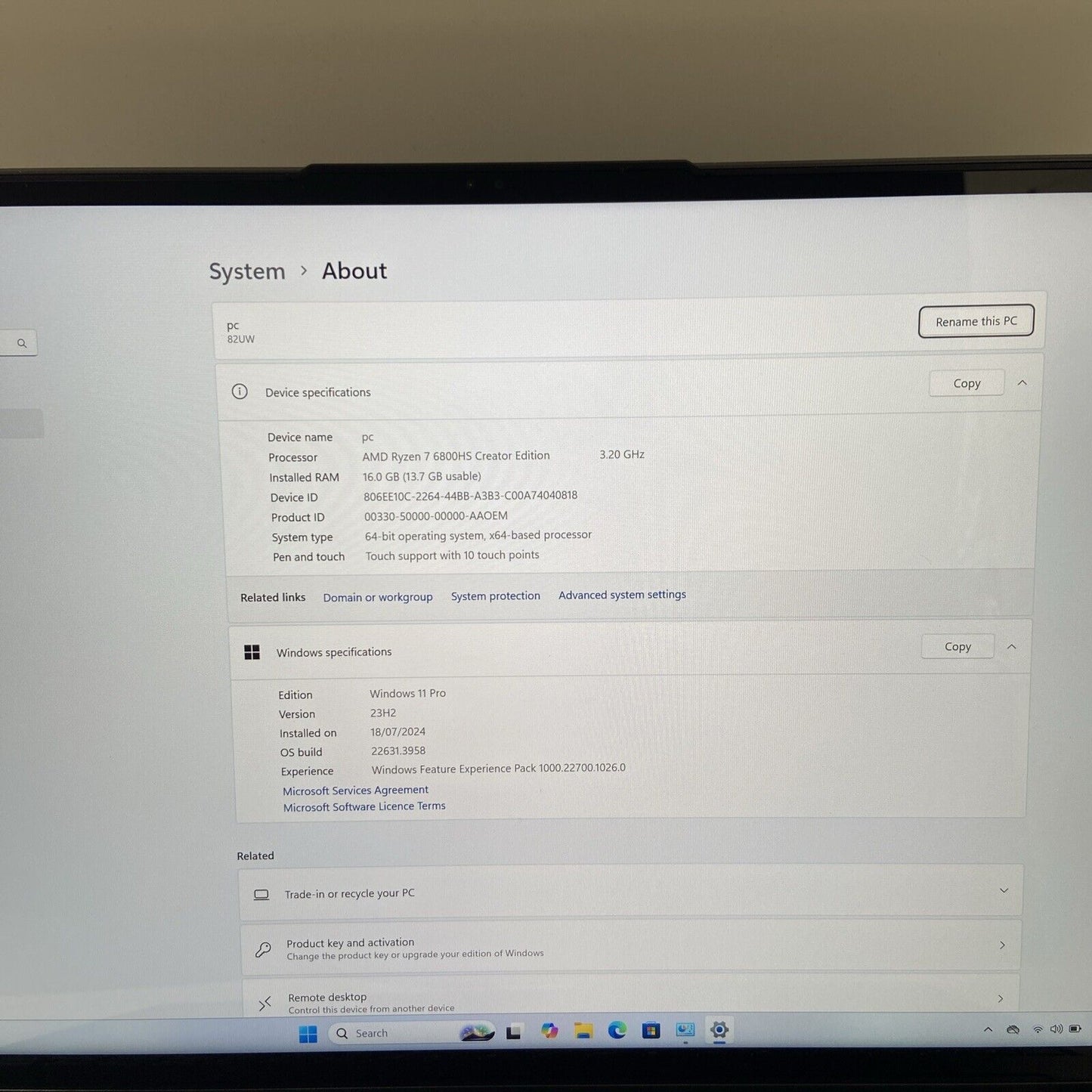 Lenovo Yoga Slim 7 Pro 16ARH7 AMD Ryzen 7 6800HS 16GB RAM 256GB SSD  RTX 3050
