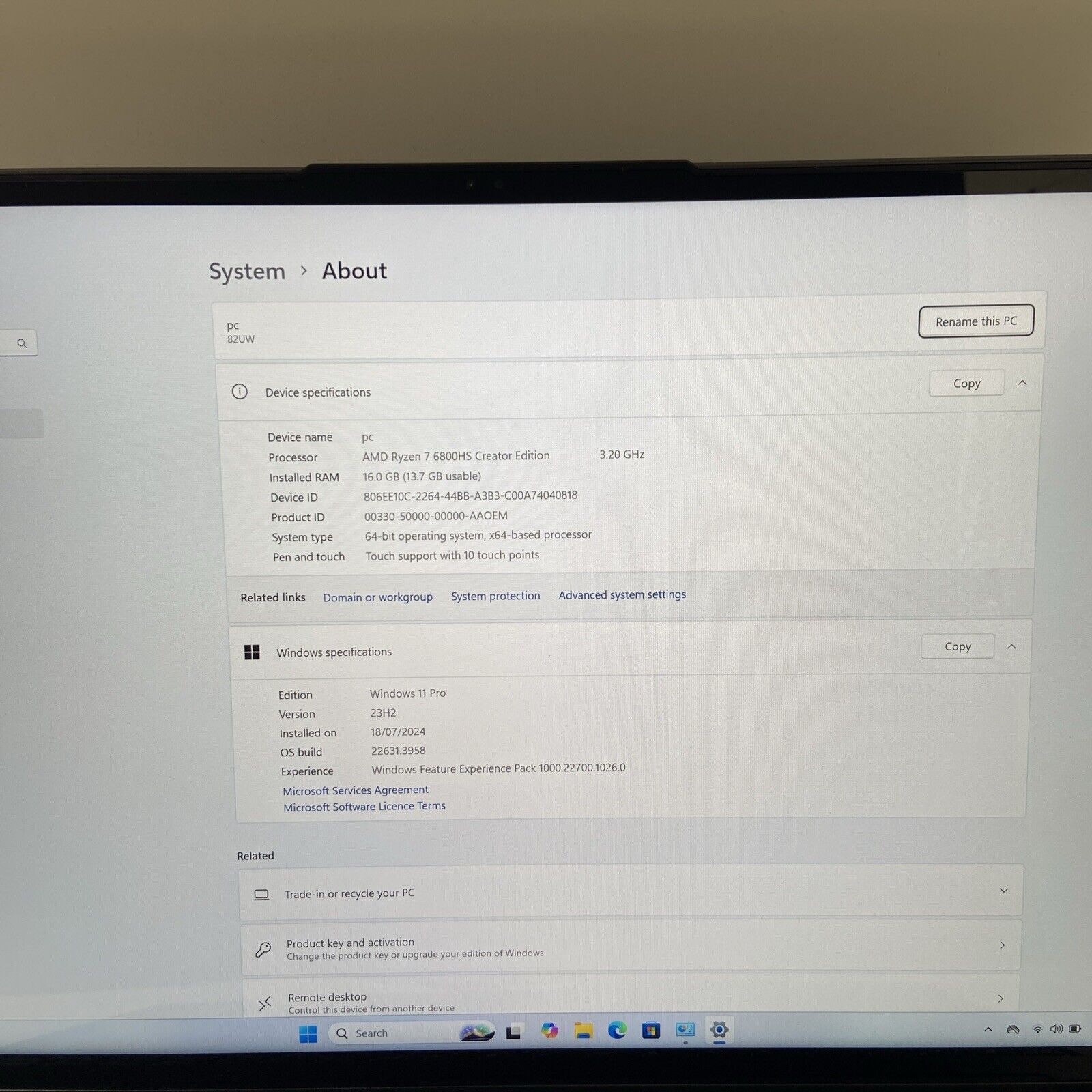 Lenovo Yoga Slim 7 Pro 16ARH7 AMD Ryzen 7 6800HS 16GB RAM 256GB SSD  RTX 3050