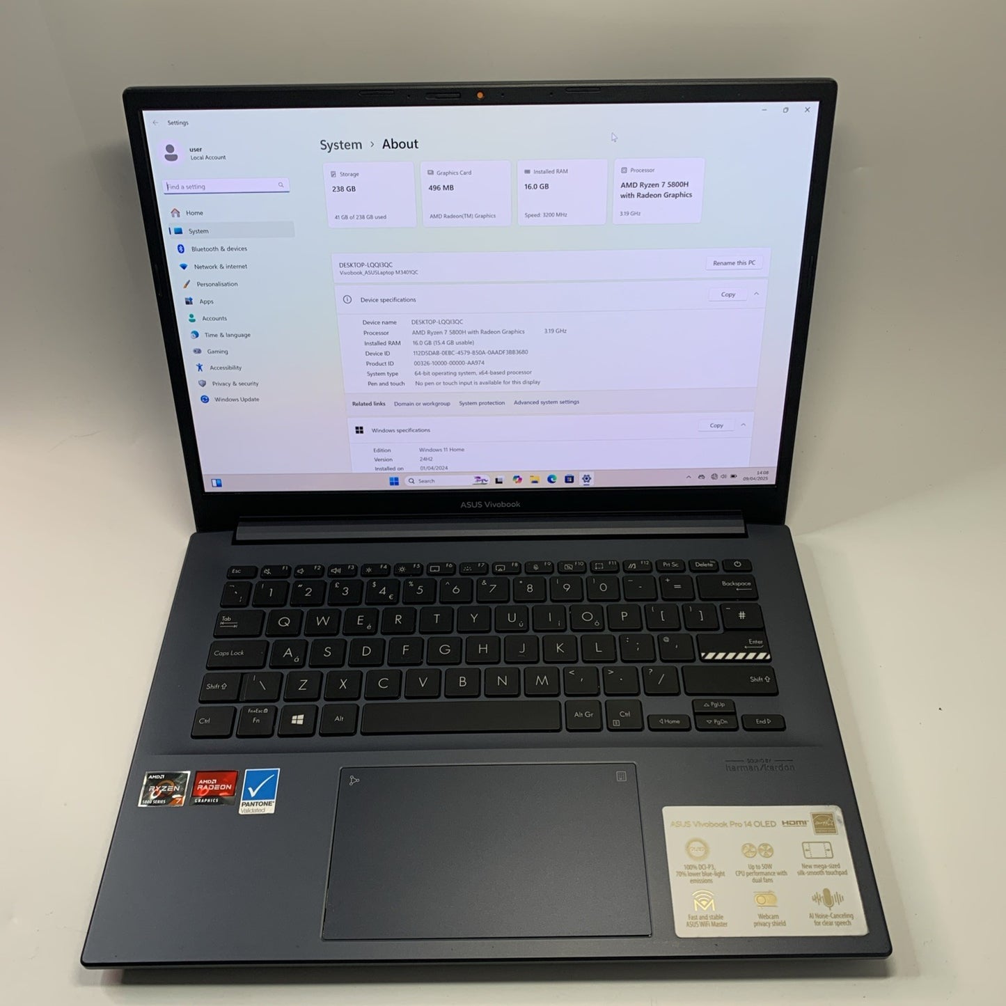 Asus Vivobook Pro 14 M3401Q OLED Ryzen 7-5800H 16GB 512GB SSD Windows 11 Laptop