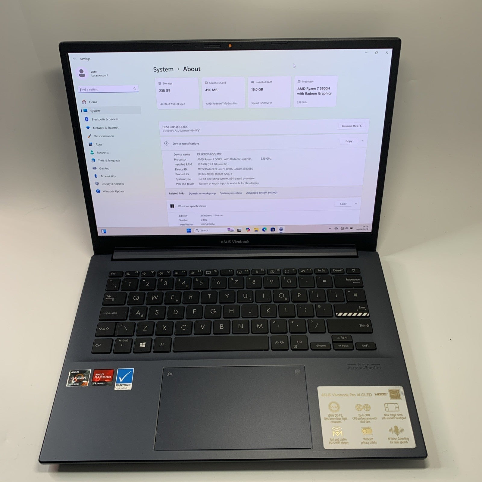 Asus Vivobook Pro 14 M3401Q OLED Ryzen 7-5800H 16GB 512GB SSD Windows 11 Laptop