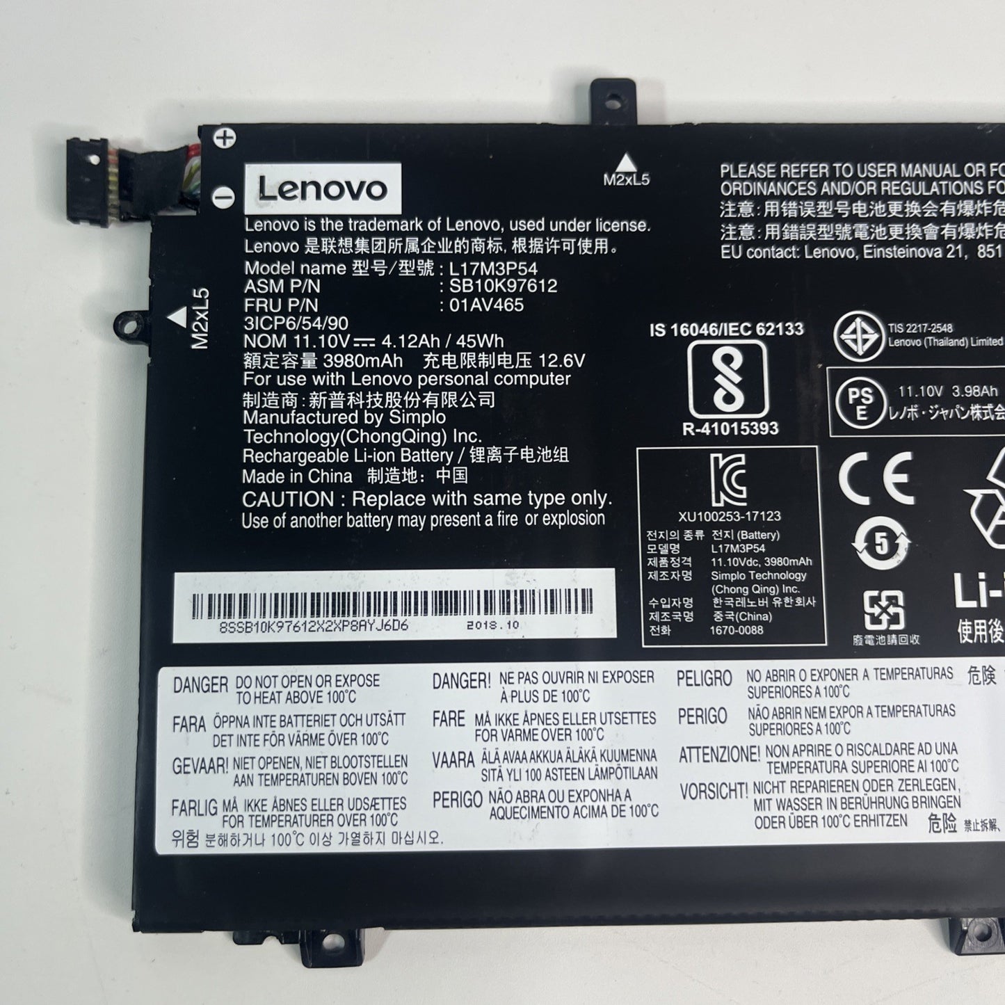 Genuine Black Lenovo ThinkPad L480 Battery L17M3p54 Good Health