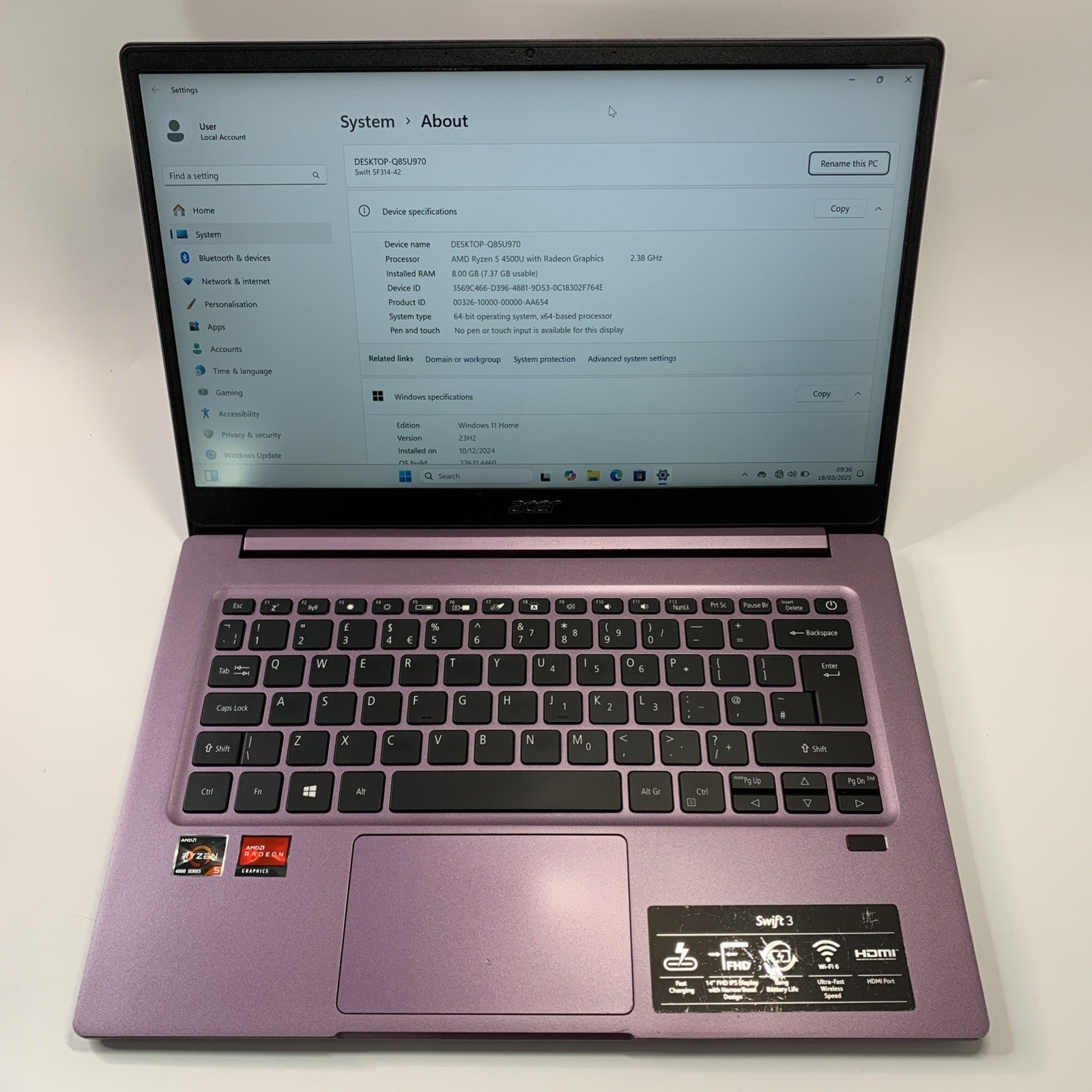 Acer Swift 3 SF314-42 14" AMD Ryzen 5 4500U 8GB RAM 256GB SSD Windows 11 Purple
