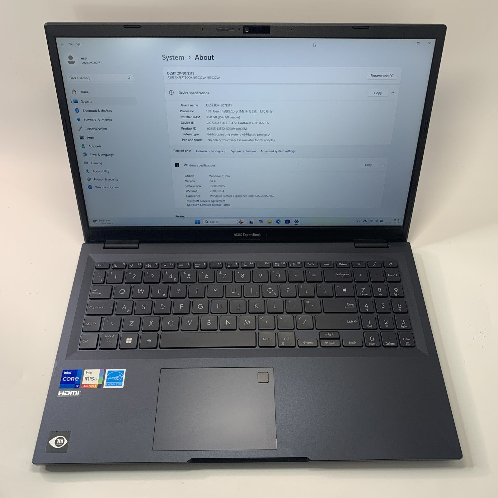 ASUS ExpertBook B1502CV Laptop Core i7-1355U 16GB RAM 512GB SSD 15.6" FHD Win 11