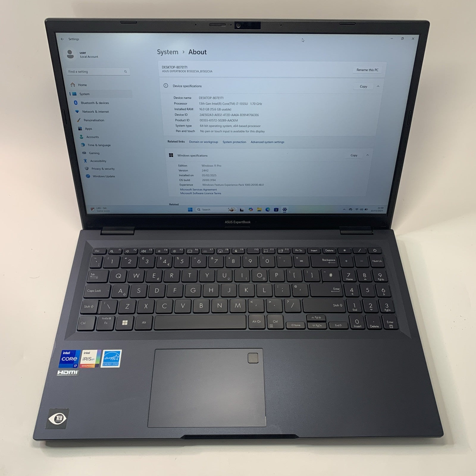 ASUS ExpertBook B1502CV Laptop Core i7-1355U 16GB RAM 512GB SSD 15.6